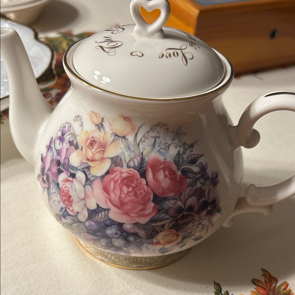 Sandy L Clough Floral Porcelain Teapot with Heart. The Greatest of these is Love